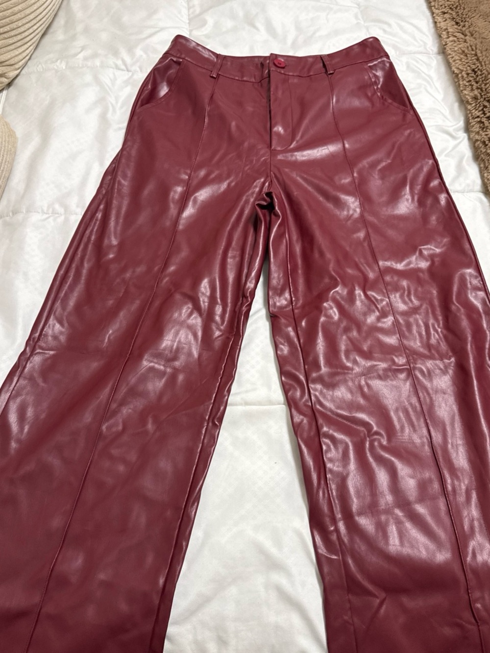 Cider Wine-Red Faux Leather Pants